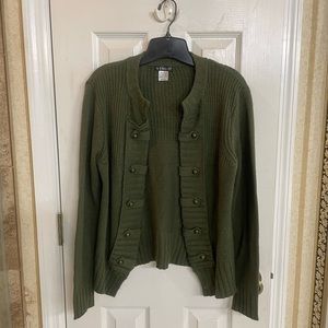 Venus, olive green, open front sweater. Buttons are for looks only.